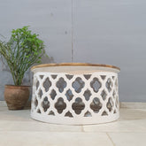 Bristol Hand Carved Indian Solid Wood Round Coffee Table with Natural Top 80x80x40Cm